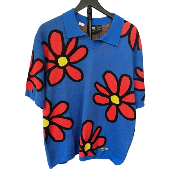 WESC Collar Blue w/Red Floral Polo 100% Cotton Oversized Men’s M Women L - Picture 2 of 11